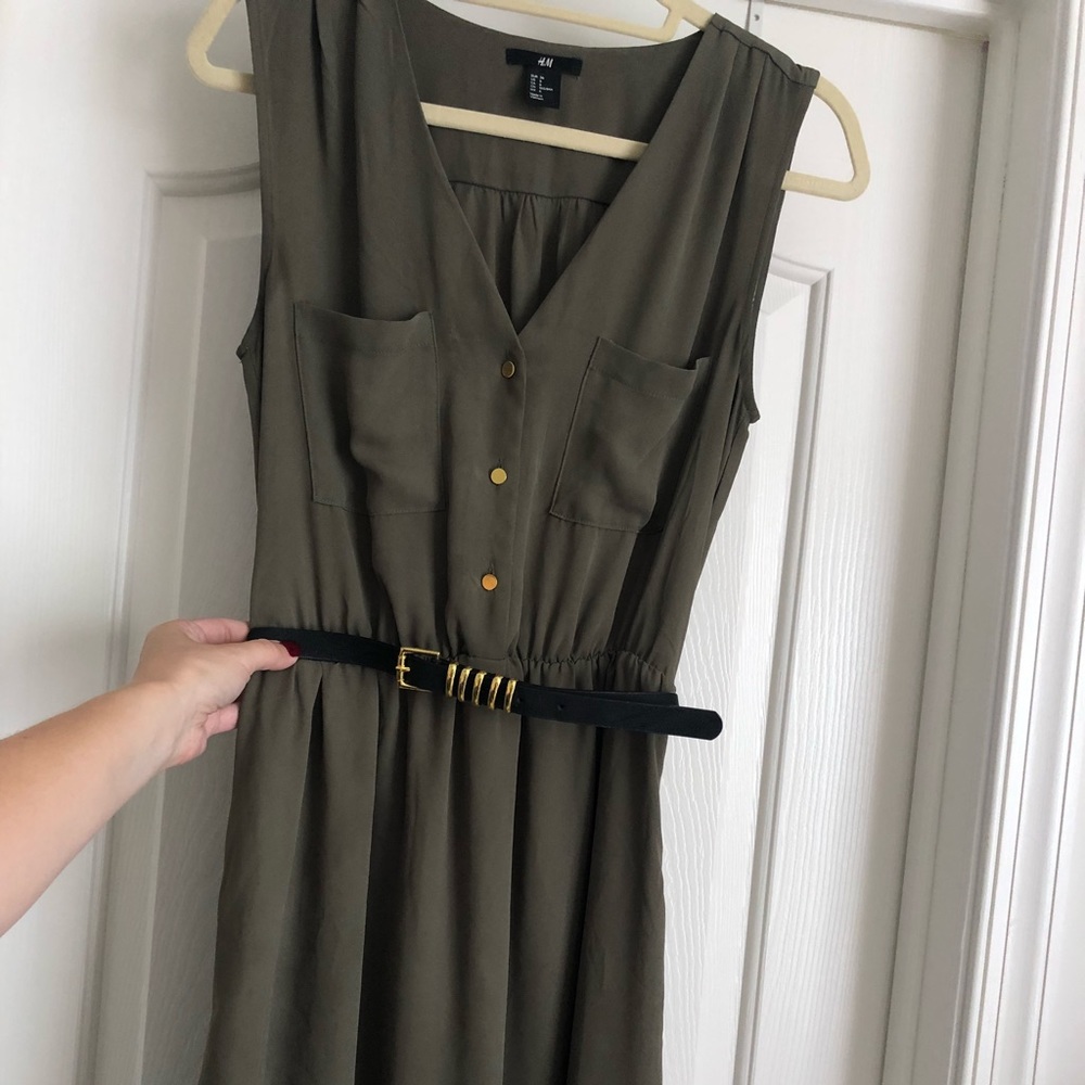 H&M army green chiffon dress w/ belt